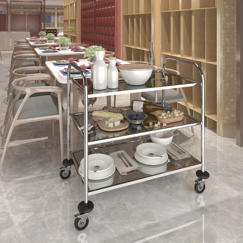 Edelstahl küchenwagen auf Rollen mit runder Griff,rollwagen für Restaurants Mit 4-Bremsräder (86x54x94CM)