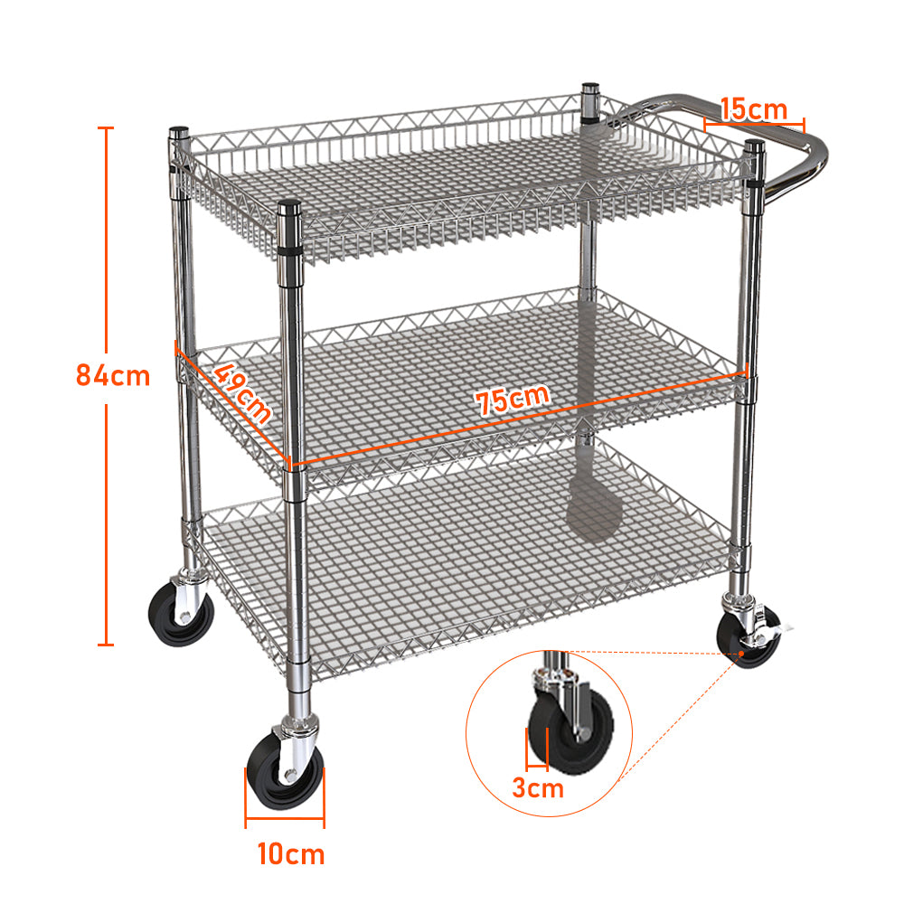 Edelstahl Servierwagen mit Rollen, 3 böden Teewagen, Hotelrestaurant-Küchenwagen mit Einer Tragfähigkeit von 500kg(84x49x75CM)