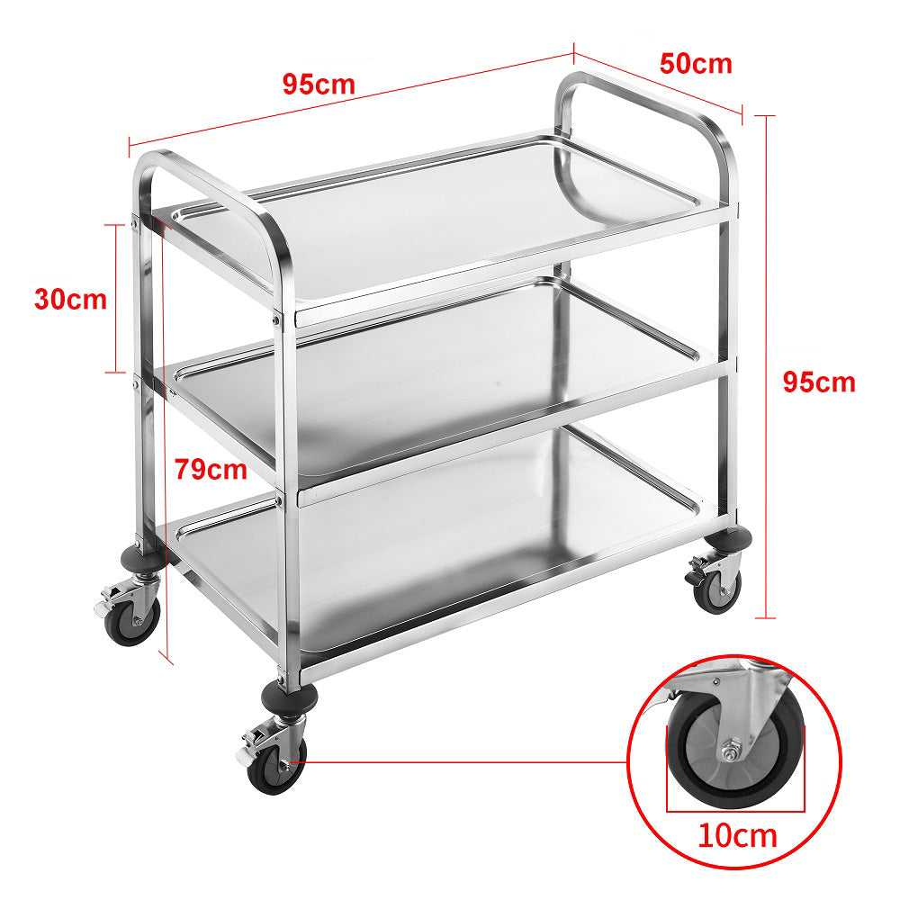 Küchenwagen aus Edelstahl – 3 Ablagen, Leichtlaufräder mit Bremse, 95x50x95 cm