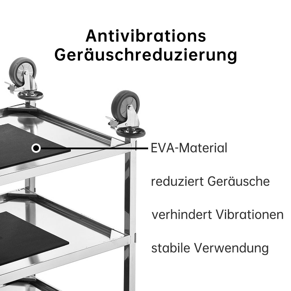 Küchenwagen aus Edelstahl – 3 Ablagen, Leichtlaufräder mit Bremse, 95x50x95 cm