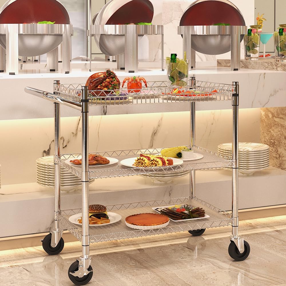 Edelstahl Servierwagen mit Rollen, 3 böden Teewagen, Hotelrestaurant-Küchenwagen mit Einer Tragfähigkeit von 500kg(84x49x75CM)