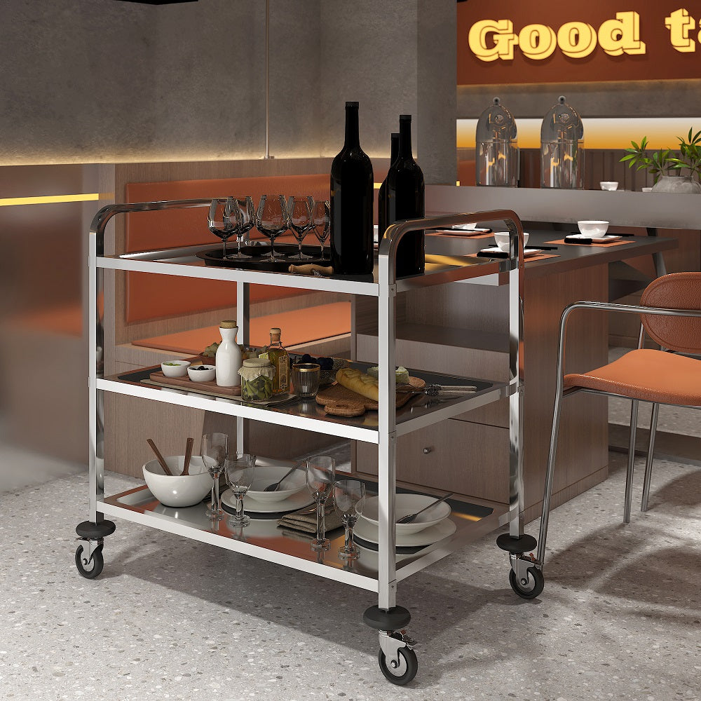 Küchenwagen aus Edelstahl – 3 Ablagen, Leichtlaufräder mit Bremse, 95x50x95 cm