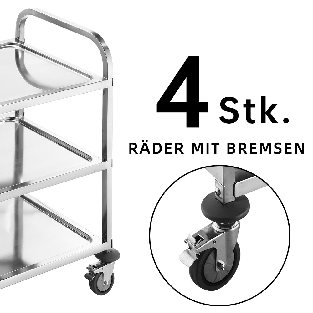 Küchenwagen aus Edelstahl – 3 Ablagen, Leichtlaufräder mit Bremse, 95x50x95 cm