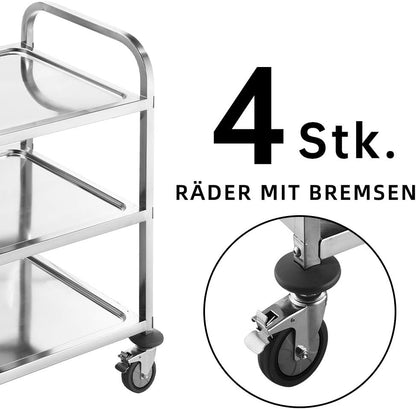 BPT Edelstahl Servierwagen mit 3 Böden Partition Küchenwagen，Restaurant Hotel Schul Servierwagen (85 x 45 x 89cm)