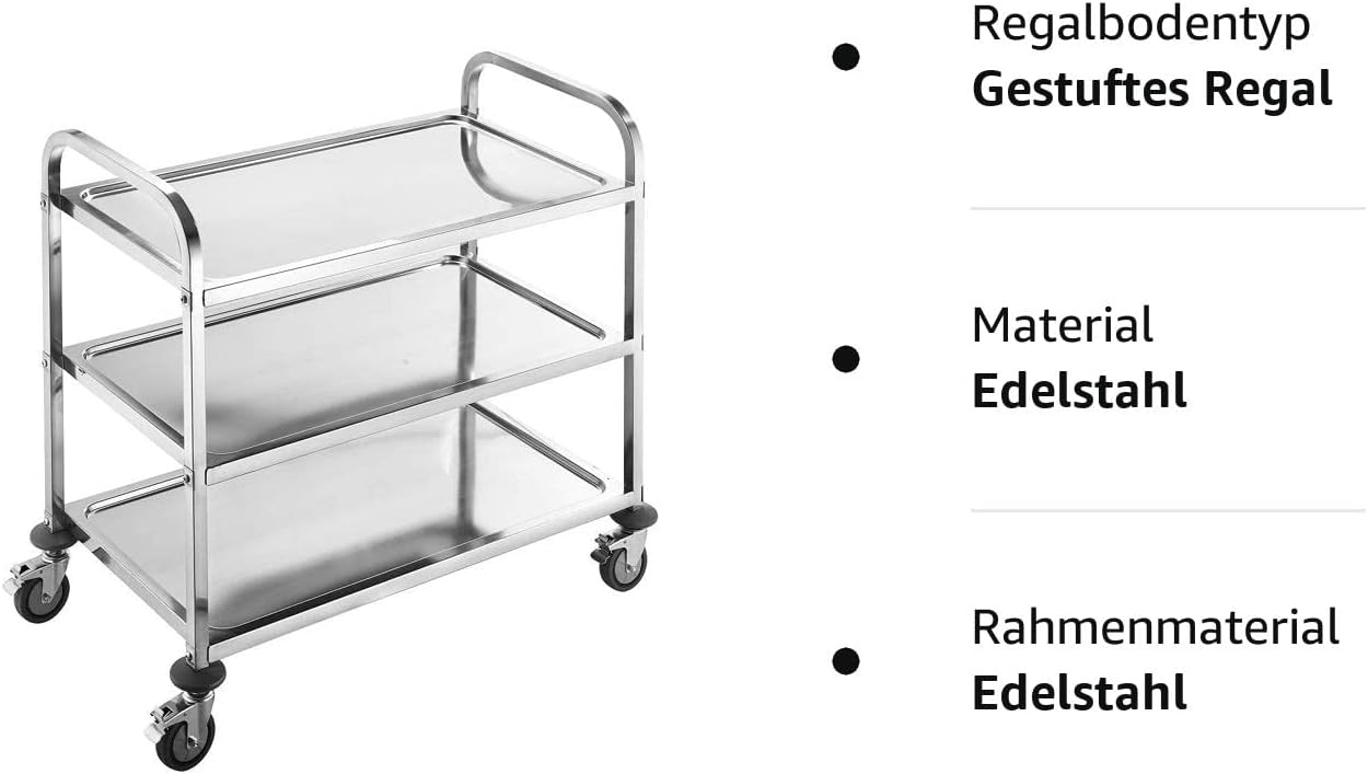 BPT Edelstahl Servierwagen mit 3 Böden Partition Küchenwagen，Restaurant Hotel Schul Servierwagen (75 x 40 x 83cm)