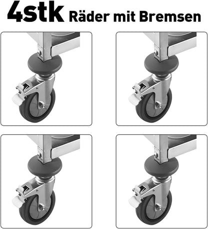 BPT Edelstahl Servierwagen Küchenwagen Mit Rollen,4-Rad-Bremsen mit Schalldämmung Für den Transport von Wein und Getränken in Hotels und Restaurants