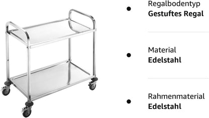 BPT Neu Edelstahl Küchenwagen Servierwagen mit 2 Böden, Rollwagen,Kantine, HotelkücheTransportwagen