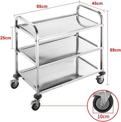 BPT Edelstahl Servierwagen mit 3 Böden Partition Küchenwagen，Restaurant Hotel Schul Servierwagen (85 x 45 x 89cm)