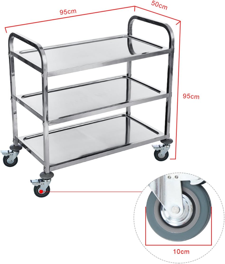 Edelstahl Servierwagen Küchenwagen 3 Böden Leichtlaufräder mit Bremse 95 x 50 x 95 cm