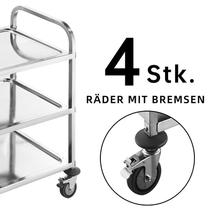 Küchenwagen aus Edelstahl – 3 Ablagen, Leichtlaufräder mit Bremse, 95x50x95 cm